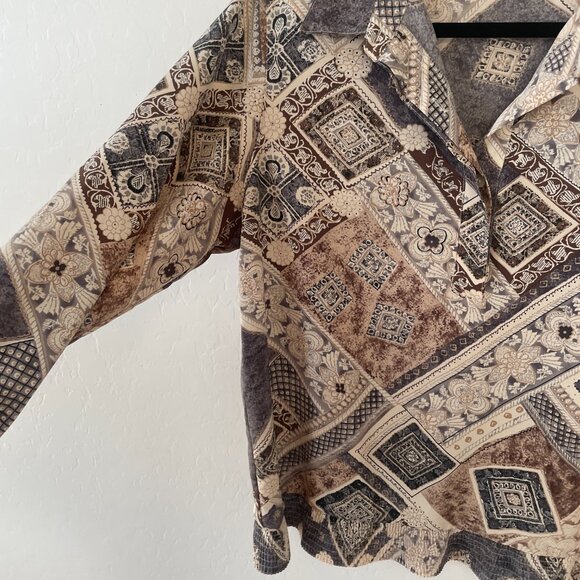 Vintage Abstract Geo Geometric Long Sleeve Hipster Hippie Boho Collared Blouse - Picture 2 of 4